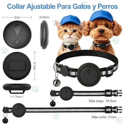 Collar GPS Gatos 2 en 1,Localizador GPS Perros con Seguimiento en Tiempo Real y Funciones Antipérdida,Sin Suscripción,iOS/Android,Collar Ajustable con Cascabel,Apto para Perros Pequeños y Gatos-Negro