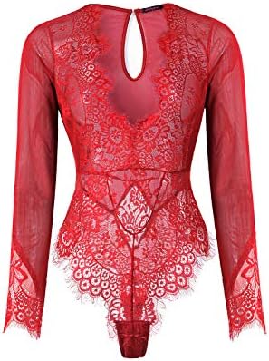 LALAVAVA Women Sexy Lingerie V Neck Teddy Babydoll Eyelash Floral Lace Bodysuit