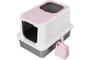 RIZZARI Enclosed Cat Litter Box: Pink Stainless Steel Odorless Litter Box with Top Holes - Anti Leakage - Large Litter Pan for Small to Large Sized Cats in Living Room Garage