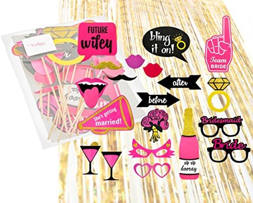 Bachelorette Party Photo Booth Props 20 Pieces and Two Gold Curtains 3ft x 6ft Bundle - Bachelorette Party Supplies by Vivelavie Designs