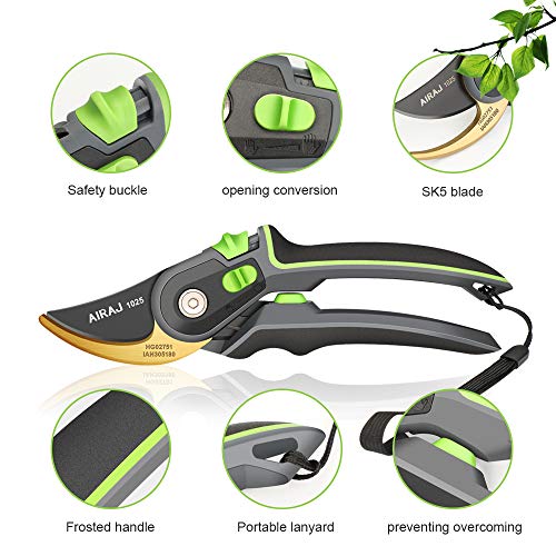 AIRAJ 8" Professional Pruning Shears, Two Adjustable Opening Degrees Hand Pruners, Great for Gardeners, Flower, Garden Trims, Grooming Garden Shears (Green) - Thumbnail 3