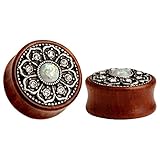 KUBOOZ(1 Pair) Vintage Wood Opal Center Flower Ear Plugs Tunnels Gauges Stretcher Piercings