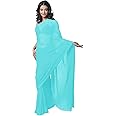 themilestocks Women's Bollywood Chiffon Plain Sari Festival Uniform Saree Wrap Fabric Unstitched Blouse Piece Party Wear (Aqua),One Size