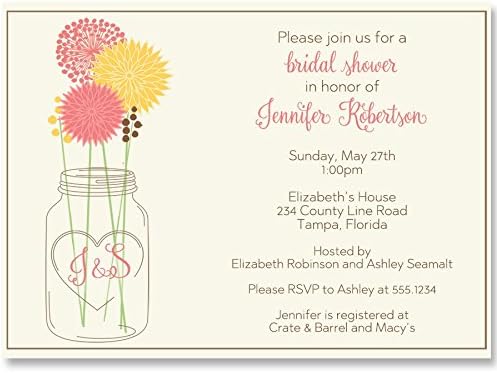 Mason Jar, Bridal Shower Invitations, Coral, Yellow, Flowers, Wedding, Initials, Rustic, Country, Chic, Shabby, Vintage, Retro, 10 Custom Printed Invites with Envelopes