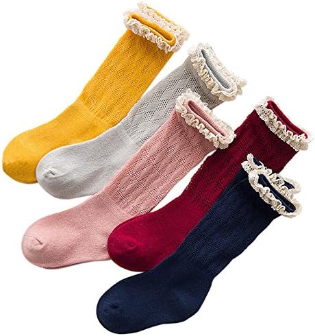 RaBia Baby Girls Toddler Knee High Cotton Socks Frilly Lace Bowknot Stockings Pack of 5 with Gift Box