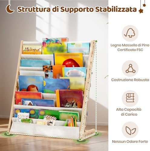 Libreria Montessori per Bambini Con 6 Scomparti in Tessuto Oxford - Libreria per Bambini in Legno Naturale - Libreria Montessori Con Bordi Arrotondati e Design Spazio-Saving(Naturale)