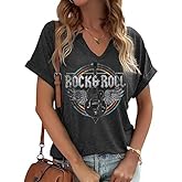 Women Vintage V Neck Shirts Rock and Roll Music Guitar Graphic T Shirt Country Music Tops Teacher Tee