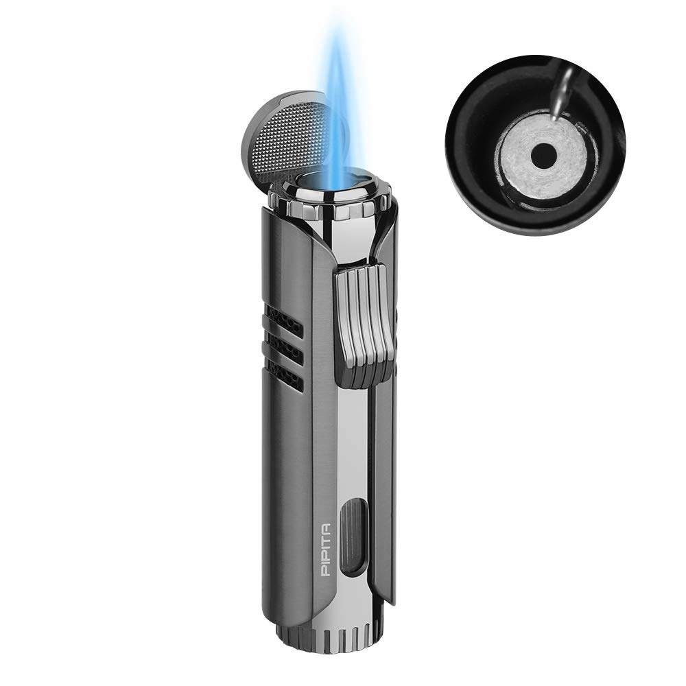 PIPITA Torch Lighter Windproof Single Jet Flame Cigar Lighter, Adjustable Flame and Refillbale Butane Gas Lighter Metal Firelighters(Butane Not Included) (Grey)