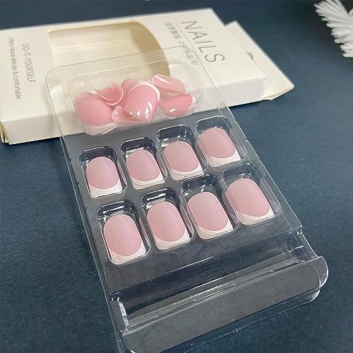White French Tip Press on Nails Short Square Fake Nails Glossy Pink False Nails with Glue on Nails Reusable Full Cover Stick on Nails Acrylic Artificial Nails for Women DIY Nails Art Decoration - Image 4