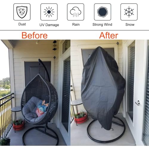 EASYBUYTECH Patio Egg Chair Covers with Zipper, Wicker Egg Swing Chair Covers, Waterproof Heavy Duty Weather Resisatnt Outdoor Chair Cover, Windproof Hanging Chair Cover, 190 x 115cm, Black