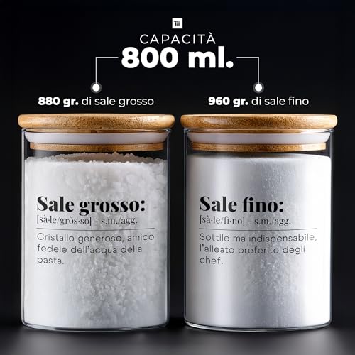 Tundra Set of 2 Fine and Coarse Salt Jars in Borosilicate Glass with Airtight Closure 800 ml – Salt Holder with Bamboo Lid, Glass Kitchen Spice Containers