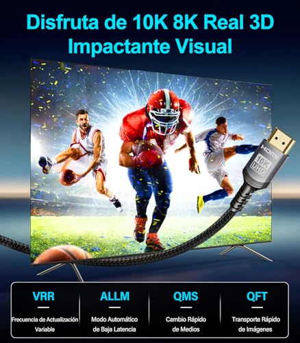 Sniokco 10K 8K 4K Cable HDMI 2.1 48Gbps 3 Metros Certificado Cable HDMI® Ultra Alta Velocidad 0.01ms 4K 240Hz 165Hz 120Hz 8K 60Hz eARC Netflix HDCP 2.3 2.2 HDR10+ TV Monitor Proyector Roku PS5 X-box