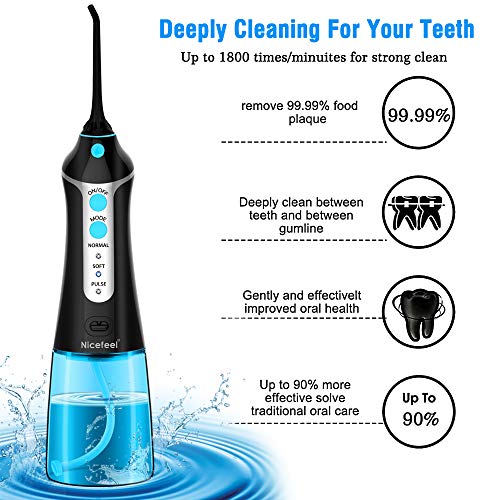 Cordless Water Flosser Oral Irrigator, Nicefeel 300ML 2 Tip Case Portable and Rechargeable Water Flossing for Travel, IPX7 Waterproof 3 Mode Teeth Cleaner with Tongue Cleaner, 4 Jet Tips for Home
