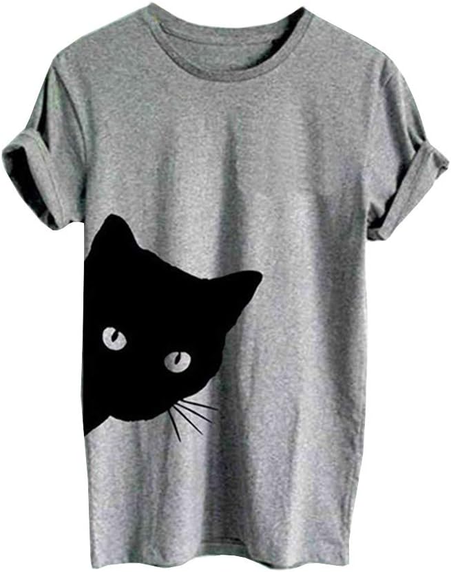 Women's Cat Print Tee Summer Casual Basic Short Sleeve Round Neck T Shirts