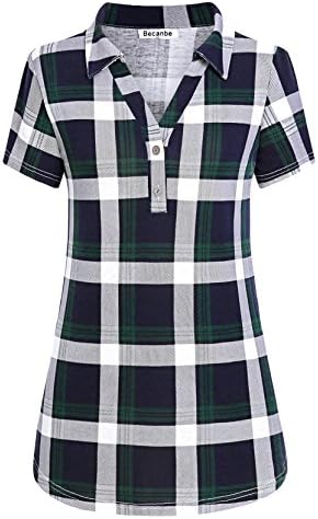 Becanbe Tunics for Women to Wear with Leggings, Ladies Short Sleeve Shirt Polo Collared Misses Tops Loose Draped Casual Business Clothing Snappy Knit Oversized(Blue,X-Large)