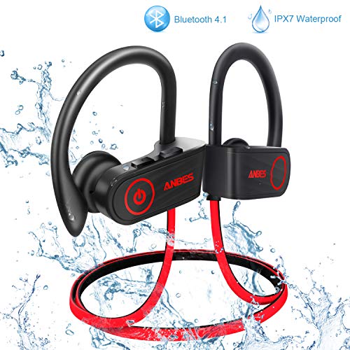 ANBES Bluetooth Headphones Wireless Earbuds, IPX7 Waterproof In-ear Earphones Sports with Ear Hooks & Mic, HD Stereo Sound, Up to 8 Hours Playing Noise Canceling Headsets (RedBlack)