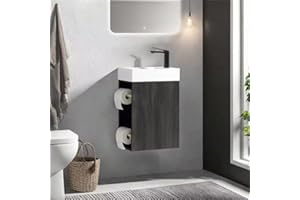 JINDOLI 16“ Bathroom Vanity Sink Combo for Small Space, Modern Wall Mounted Small Bathroom Vanity with Sink, Small Bathroom Sink Cabinet Set with 2 Toilet Paper Holders, Black Wallnut