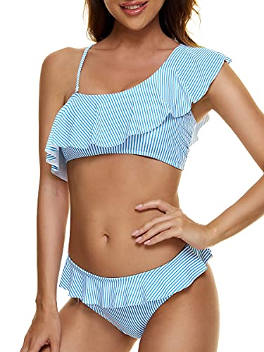 Peddney Women Flounce One Shoulder Bikini Swimsuit Ruffle Stripe Print Two Piece Bathing Suits
