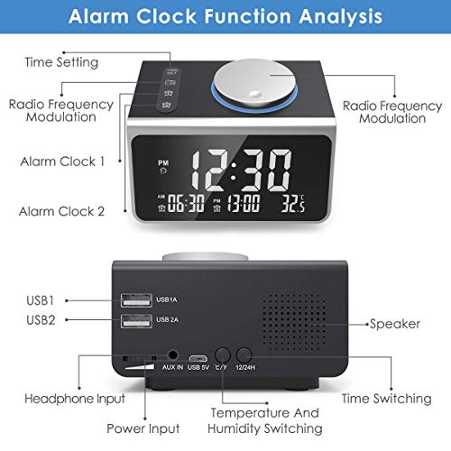 Digital Alarm Clock, Upgraded Dual Alarm Clock Radio Indoor Thermometer, Charging Station/Phone Charger with Dual Port USB 4.2" Display & 5 Levels Brightness Dimmer LED (Black) - Thumbnail 4