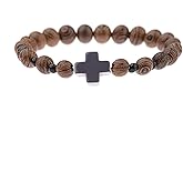 COLORFUL BLING Wood Beaded Cross Stretch Rosary Bracelet for Men First Communion Religious Cross Statement Wrist Bangle Faith Prayer Jewelry