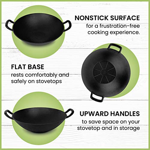 Pre-Seasoned Cast Iron Wok with 2 Handled and Wooden Lid (14 Inches) - Nonstick Iron Deep Frying Pan with Flat Base for Stir-Fry, Grilling, Frying, Steaming - Authentic Asian, Chinese Food By Homeries