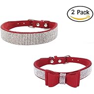 Newtensina 2pcs Stylish Dog Collar Set Soft Suede Bling Dog Collar with Bow Tie Puppy Collar for Small Dogs Cats