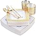 NERVURE 150 PCS Gold Square Plasitc Plates with Gold Plastic Silverware, Elegant Tableware Set Includes 25 Dinner Plates 25 Dessert Plates 25 Forks 25 Spoons 25 Knives 25 Cups