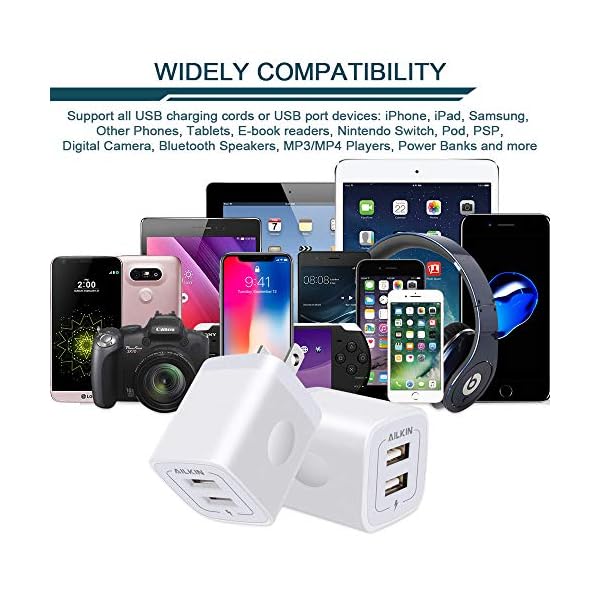 USB Wall Charger, Charger Adapter, AILKIN 2-Pack 2.1A Dual Port Quick Charger Plug Cube for iPhone 14 13 12 11 Pro Max… - Imagen 8