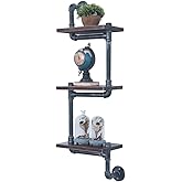 OLDRAINBOW Industrial Pipe Shelving Wall Mounted,11.8in Metal Floating Shelves,Real Wood Book Shelves,Wall Shelf Bookshelf Shelves Bar Shelving(3 Tier)