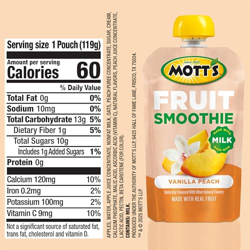 MOTT’S FRUIT SMOOTHIES VANILLA PEACH, 4.2 OZ CLEAR POUCHES, 8 PACK, MADE WITH MILK, MADE WITH REAL FRUIT, GOOD SOURCE OF CALCIUM, ON-THE-GO