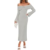 Saodimallsu Womens Off The Shoulder Maxi Sweater Dress Long Sleeve Bodycon Elegant Ribbed Knit Fall Midi Dresses