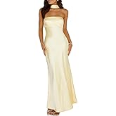 Women's Summer Satin Strapless Tube Top Maxi Dress Elegant Silk Backless Halter Neck Formal Party Dresses Wedding Guest