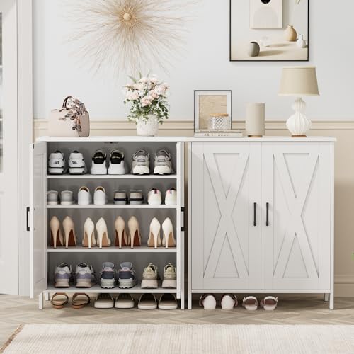 Homleke Farmhouse Shoe Cabinet with 2 Barn Doors & Wood Legs | Tall 4-Tier Shoe Storage Cabinet, 3 Adjustable Shelves, Shoe Rack Organizer, for Entryway, Hallway, Closet, White