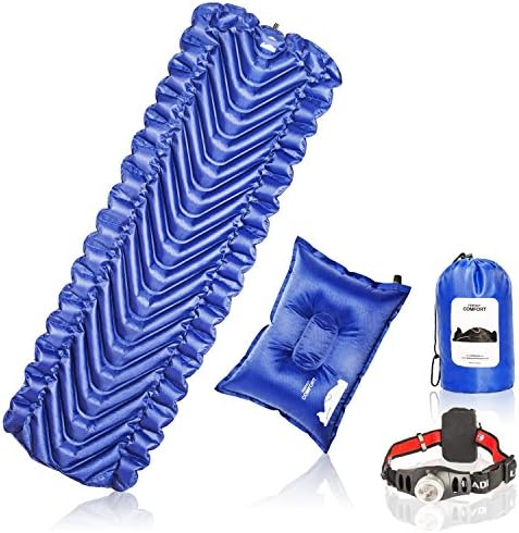 Sleeping Pad For Camping lightweight Inflatable For Backpacking Outdoors by Perfect Comfort – BONUS Pillow &amp; Headlamp Flashlight, 51 Pages Ebook – Best For Sleeping Bags, Hammocks, Thermarest