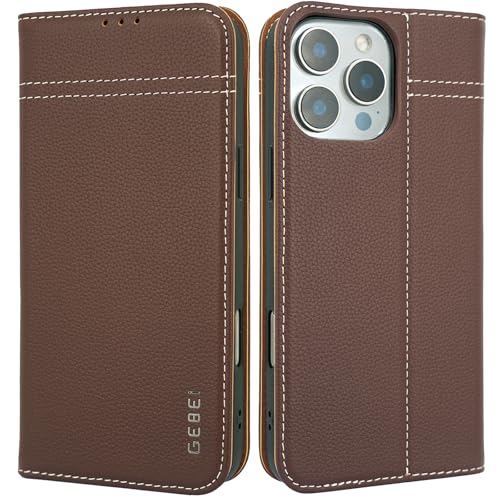 Gebei Hülle Echt Leder für iPhone 16 Pro (6,3") - Premium Echte Lederhülle mit Standfunktion Kartenfach Magnetverschluss Flip Case Ledertasche Handyhü