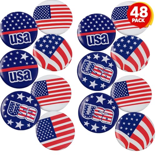 ArtCreativity Patriotic USA Button Pins, Bulk Pack of 48, July 4th Party Favors, Red, White, and Blue Patriotic Accessories, American Flag Lapel Pins for Kids and Adults, 4 Different Designs