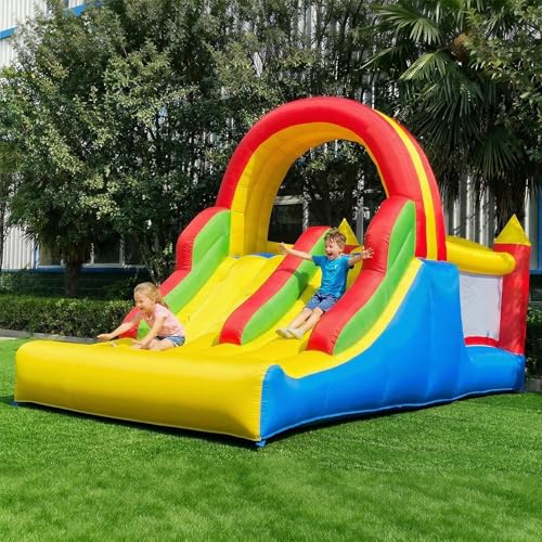 HuaKastro 16x7.2FT Bouncy Castle with 2 Racing Slides & Large Climbing Wall, 3 in 1 Kids Inflatable Bounce House, Rainbow Jumping Castle, Kids Backyard Playgrounds - with Air Blower