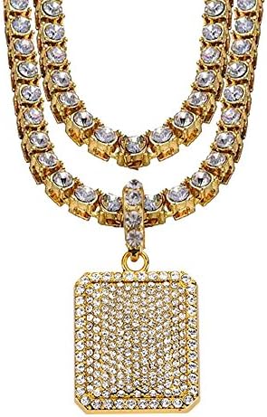 18''20'' 5MM Round Cut Tennis Necklace Iced Out Ankh & Square Dog Tag & Jesus Pendant Bundle in Gold Tone
