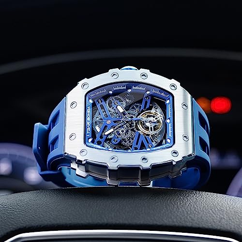 TSAR BOMBA Automatic Tonneau Carbon Fiber Bezel Luxury Mens Watches 50M Waterproof Skeleton Mechanical Stylish Watch for Men Simple Men’s Silver Wrist Watch Cool Unique Watch with Silicone Strap