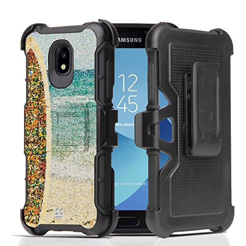 Galaxy J3 Achieve Case, J3 2018 (J337), J3 Prime 2/J3 Emerge 2018/J3 Eclipse 2/J3 Express Prime/Amp Prime 3/J3 Star Case, Hybrid Armor Black with Belt Clip Holster - Collage Surf Board