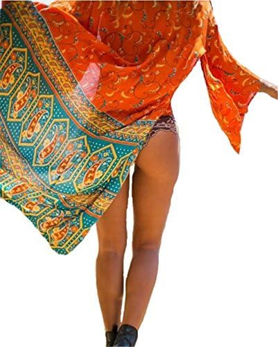 Women's Chiffon Long Kimono Bikini Cover up Cardigan Bathing Suit Cover up Beach Dress(Orange)