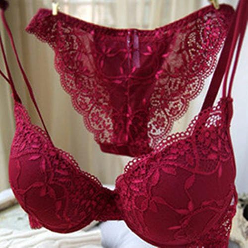 suzanne vega Wine Red Womens Push Up Padded Bra Set Push Up Sexy Plunge Bra Sets (34B)