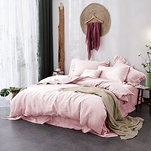 Merryfeel 100% French Linen Duvet Cover Set,Luxurious Bedding Set,3 Pieces(1 Duvet Cover with 2 pillowshams)- Full/Queen - Light Pink