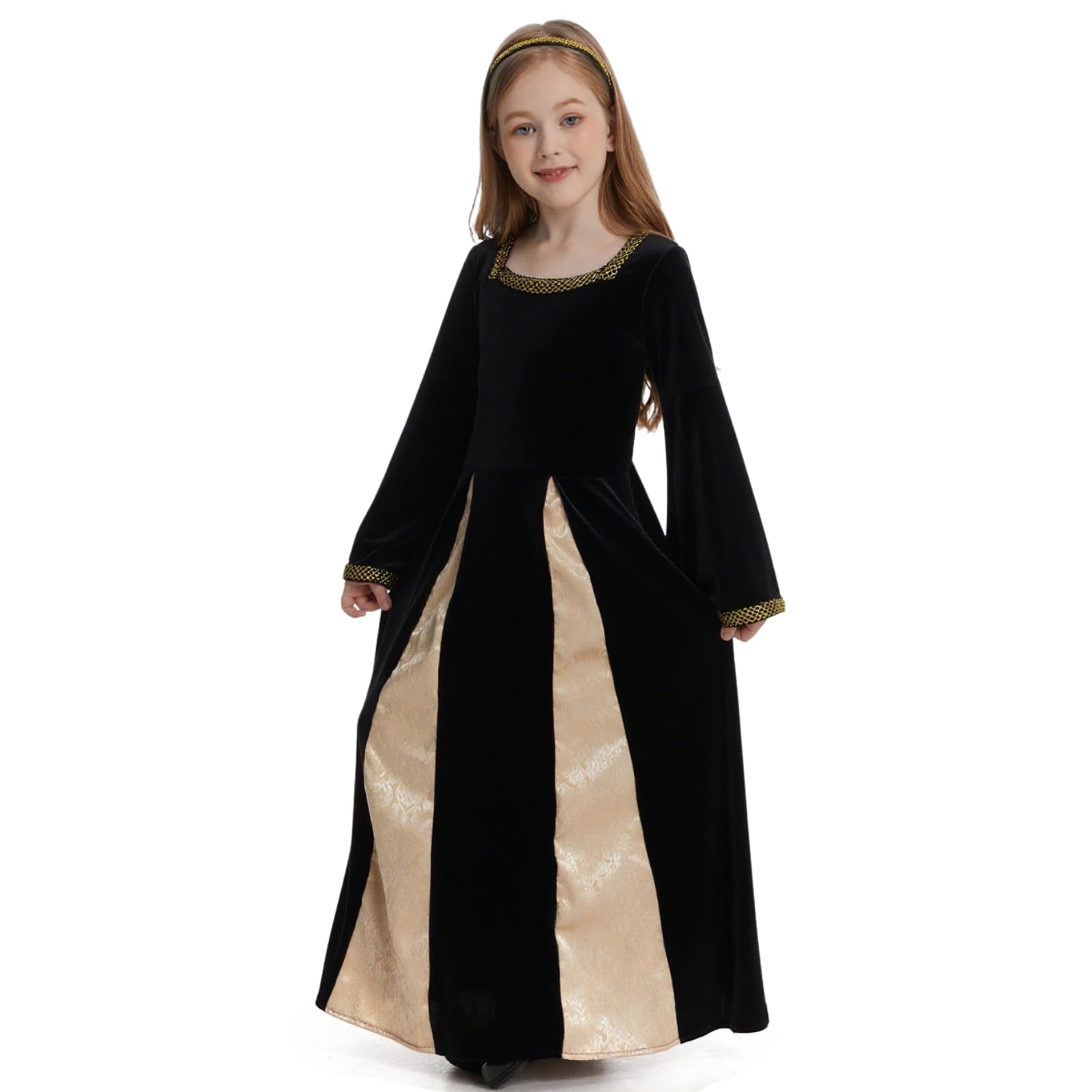 maxToonrain Girls Medieval Princess Costume Renaissance Velvet Dress Kids Royal Fancy Dress Up for Halloween World Book Day (Black, Medium)