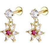 Niaspi 2 Pcs Dainty Flower Lip Rings Cartilage Stud Earrings for Women Stainless Steel Pink CZ Floral Dangle Conch Helix Tragus Lip Labret Studs Earrings Piercing Jewelry