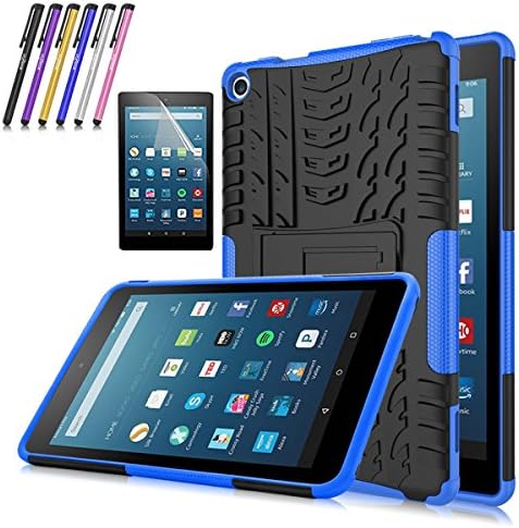 Windrew Hybrid Heavy Duty Armor Protection Cover [Anti Slip] [Built-In Kickstand] Skin Case For Amazon Fire HD 8 Tablet (Previous Generation - 6th 2016) + Screen Protector and Stylus Pen (Blue)