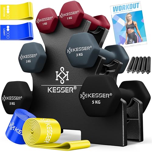 KESSER® Hantel-Set, 3 Paar, 1kg - 5kg, 12kg oder 18kg kurzhanteln mit Ständer Aufbewahrung, Fitnessstudio, Krafttraining, Hantelset rutschfeste Neopre