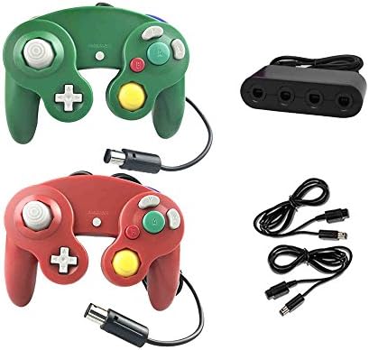 Crifeir 2 Pack Wired Controller for Gamecube NGC Wii Video Game,with 2 Cable and Converter(Red and Green)