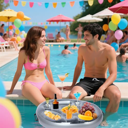 2 in 1 Inflatable Drinks Holder & Snack Tray - Bar with 8 Holes - Large Capacity - Floating Holder for Pool Parties, Beach and Hot Tub