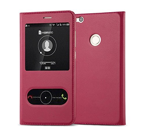 Hua Wei P8 Lite 2017 / Honor 8 Lite 5.2 Inch Case Cover ï¼ŒBusiness Style Luxury Genuine Leather View Window Flip Case Protective Shell For HuaWei Honor 8 Lite / P8 Lite (2017) (Red)